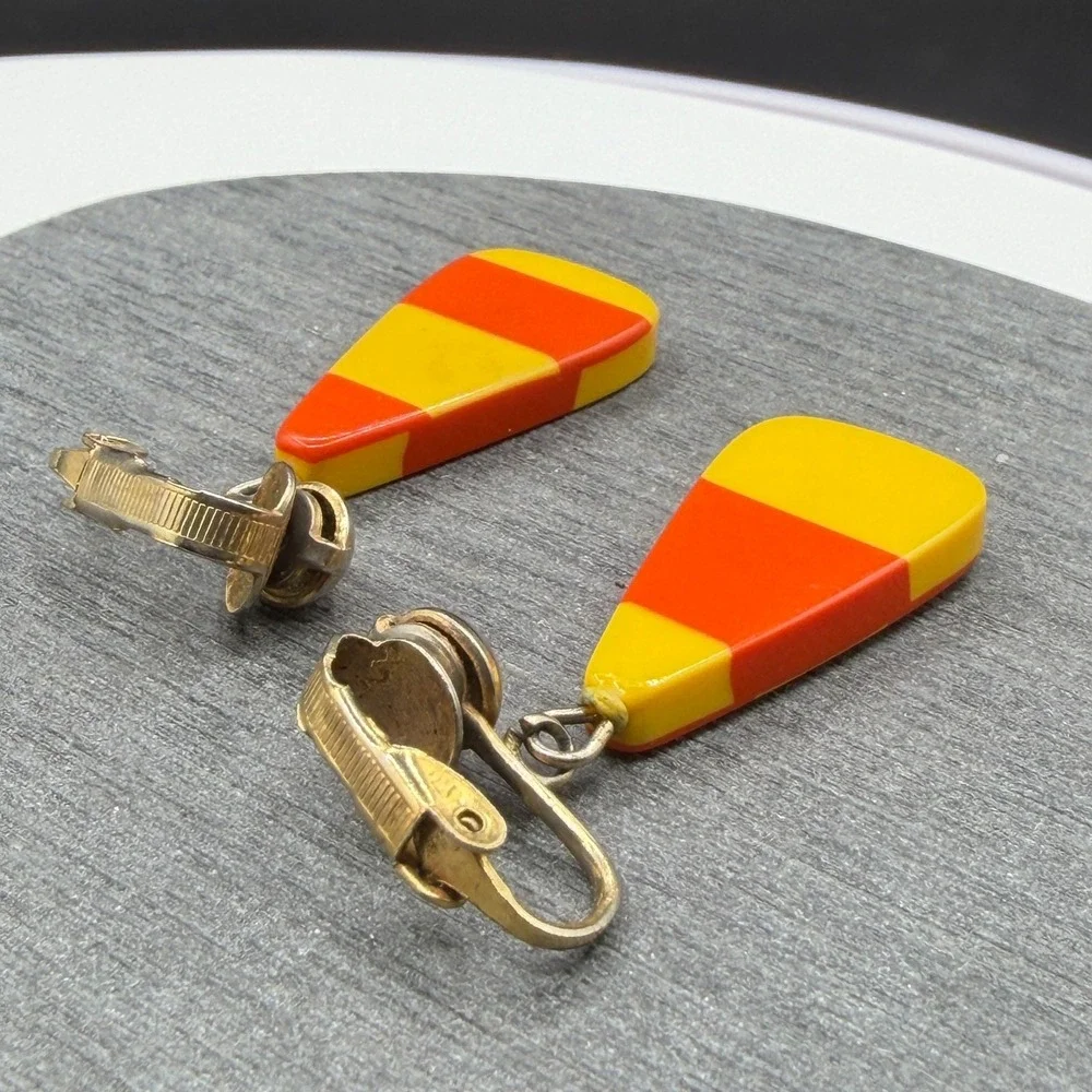 Orange Yellow Striped Drop Earrings Clip On Mod Retro Geometric Dangle 1970s